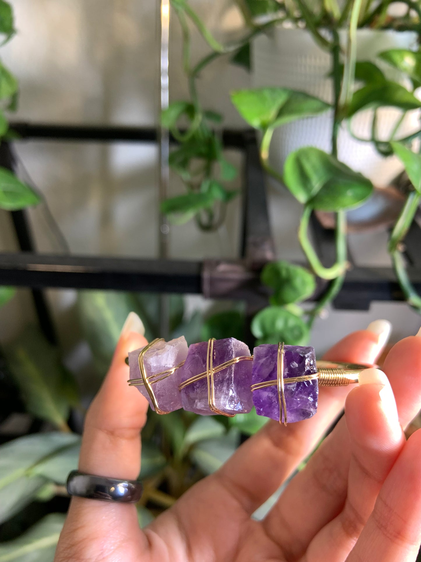 Raw wire wrapped amethyst crystal bracelet