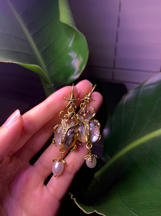 Chrome Gold Crystal Beetle Earrings