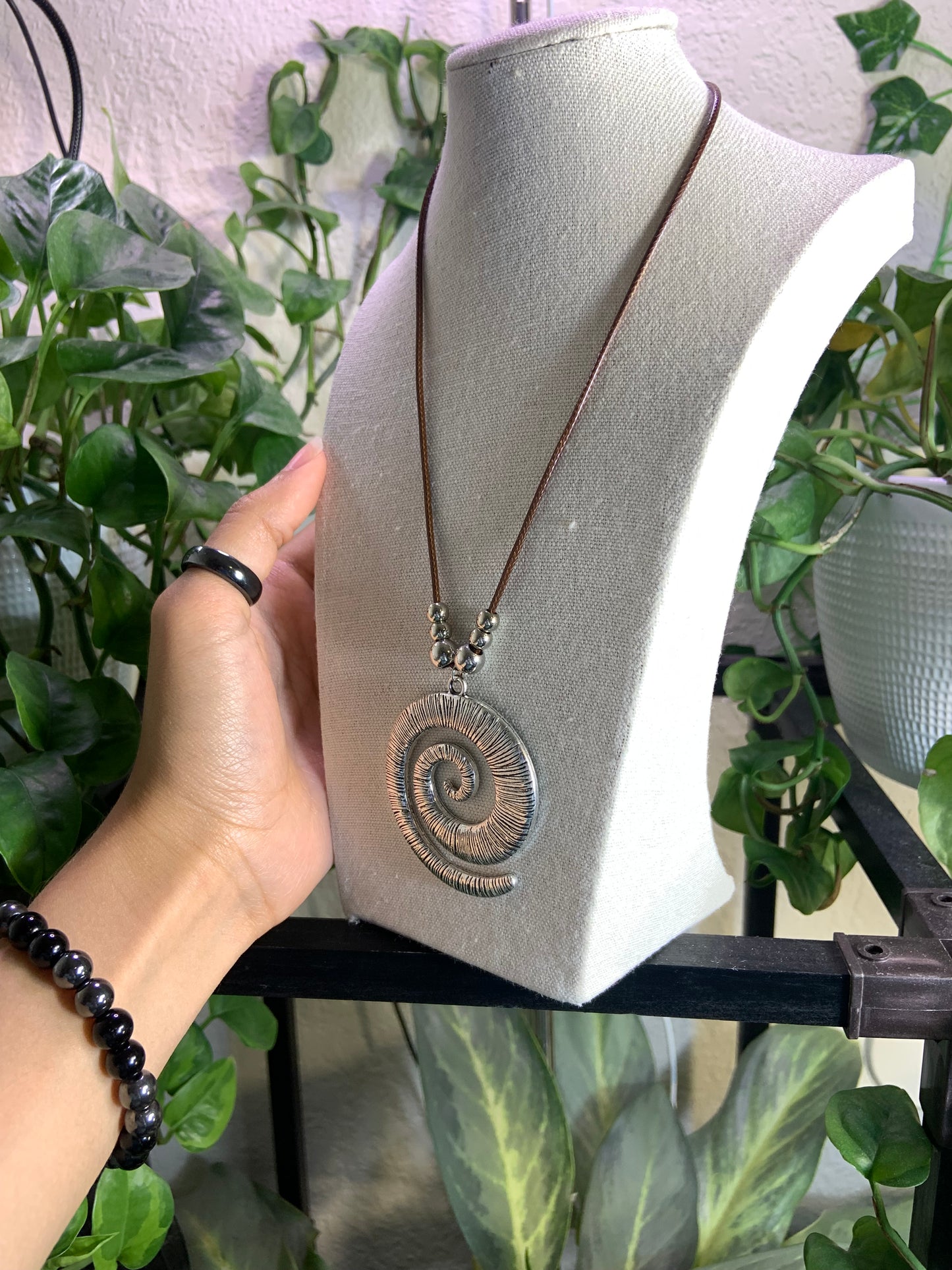 Silver beaded spiral necklace