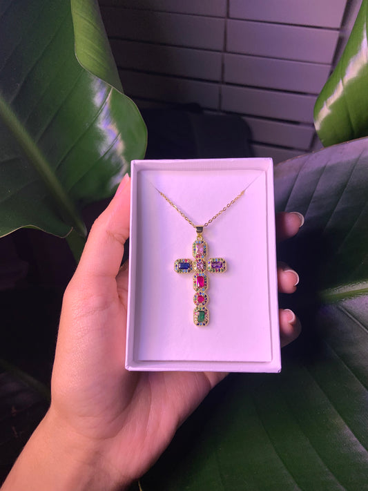 Golden Stained Glass Cross Necklace