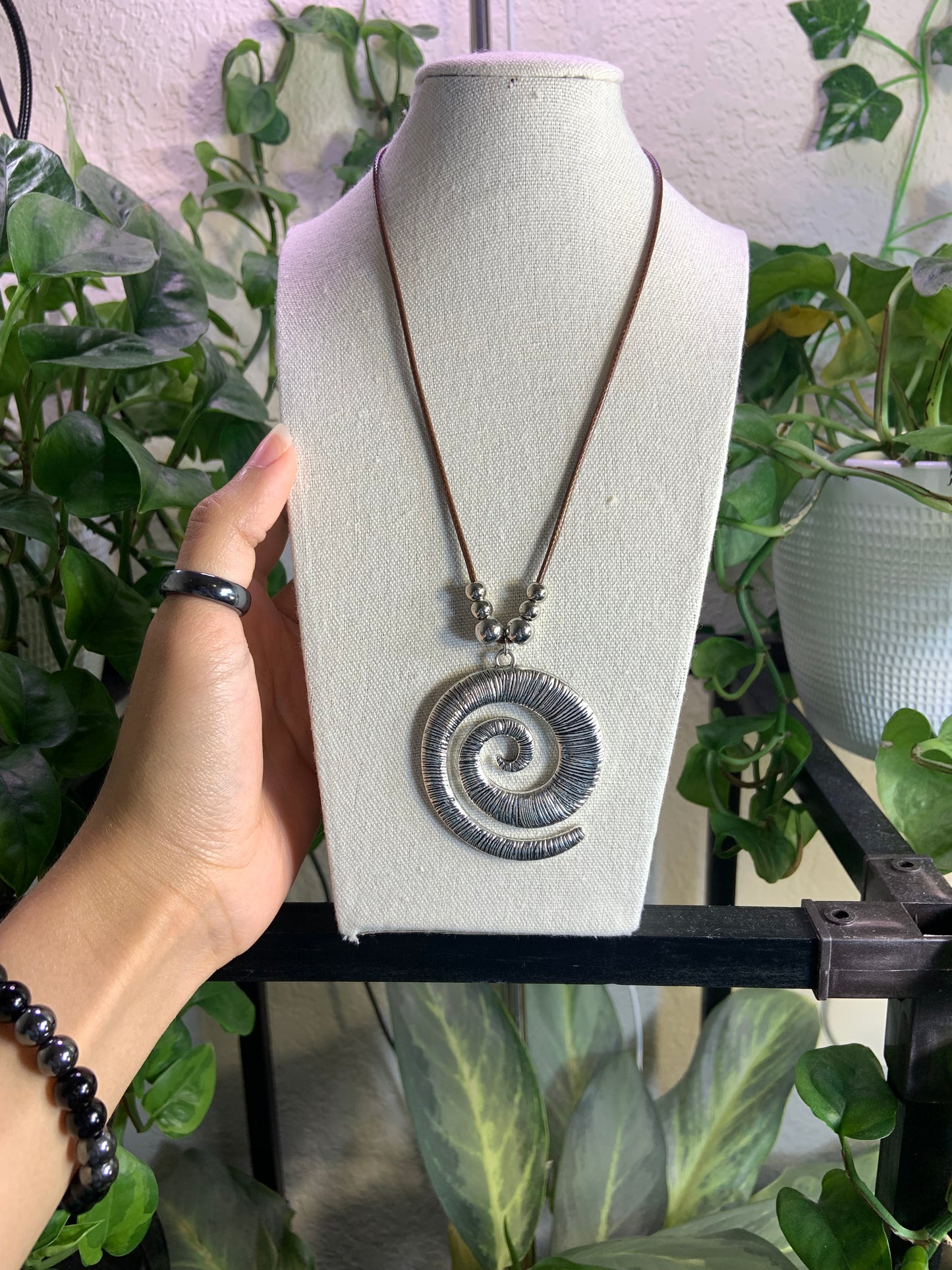 Silver beaded spiral necklace